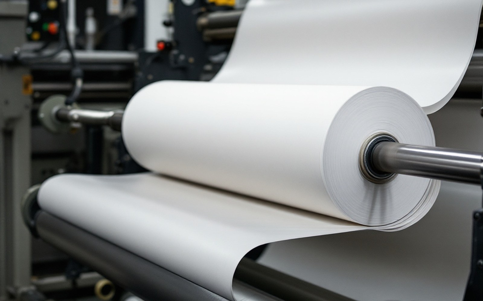 A roll of newsprint paper on a press stand with the web threaded through rollers