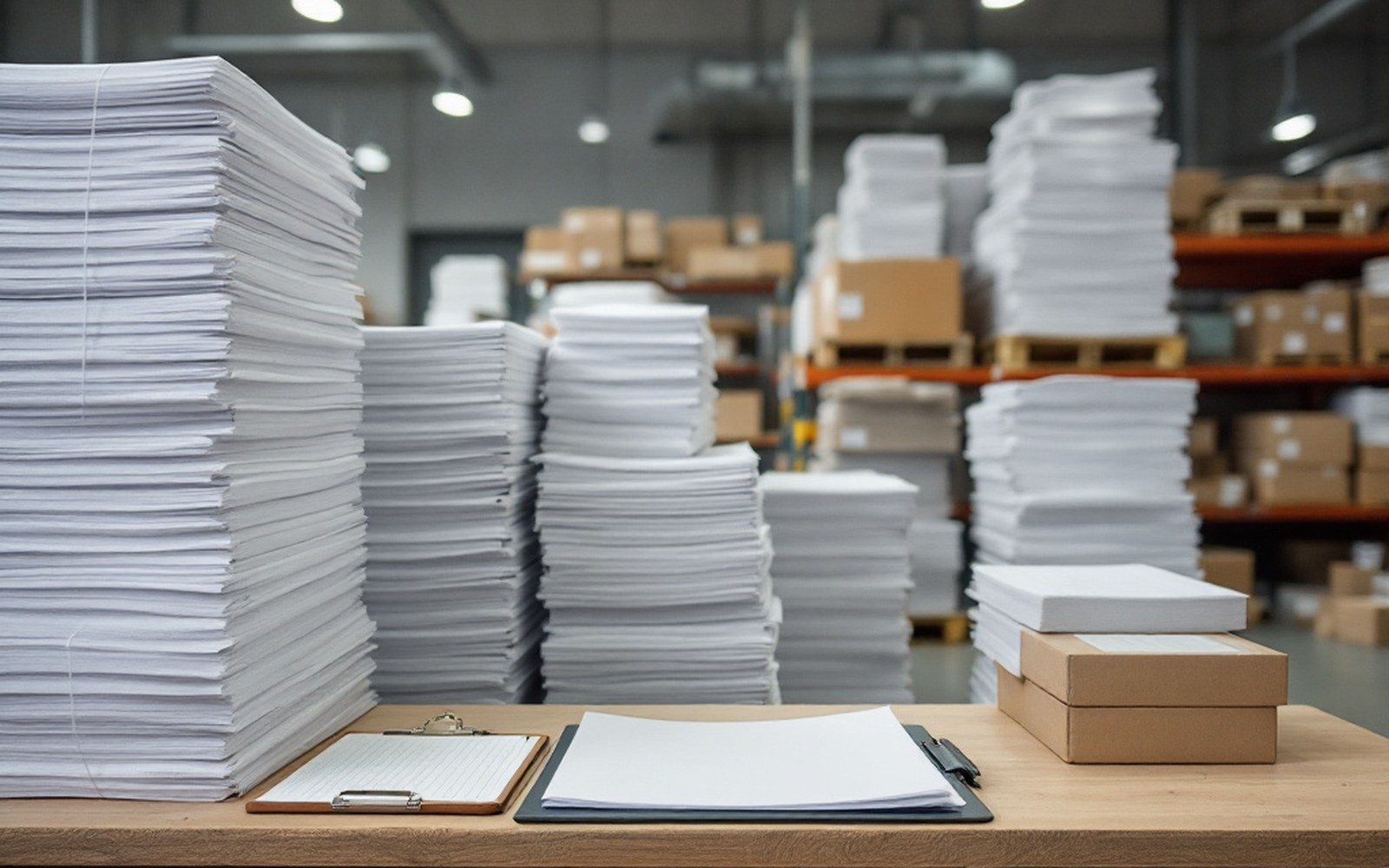 A small warehouse with pallets of bundled printed matter and a clipboard on a packing bench