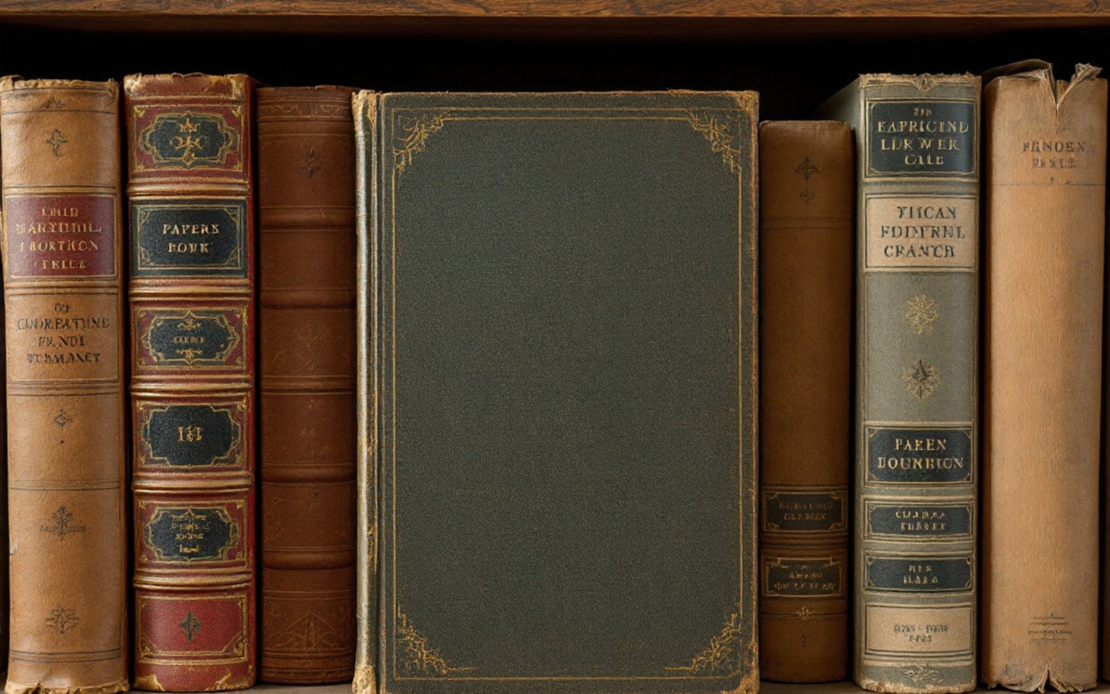 A hardback book from the mid-1950s standing on a library shelf among bound volumes