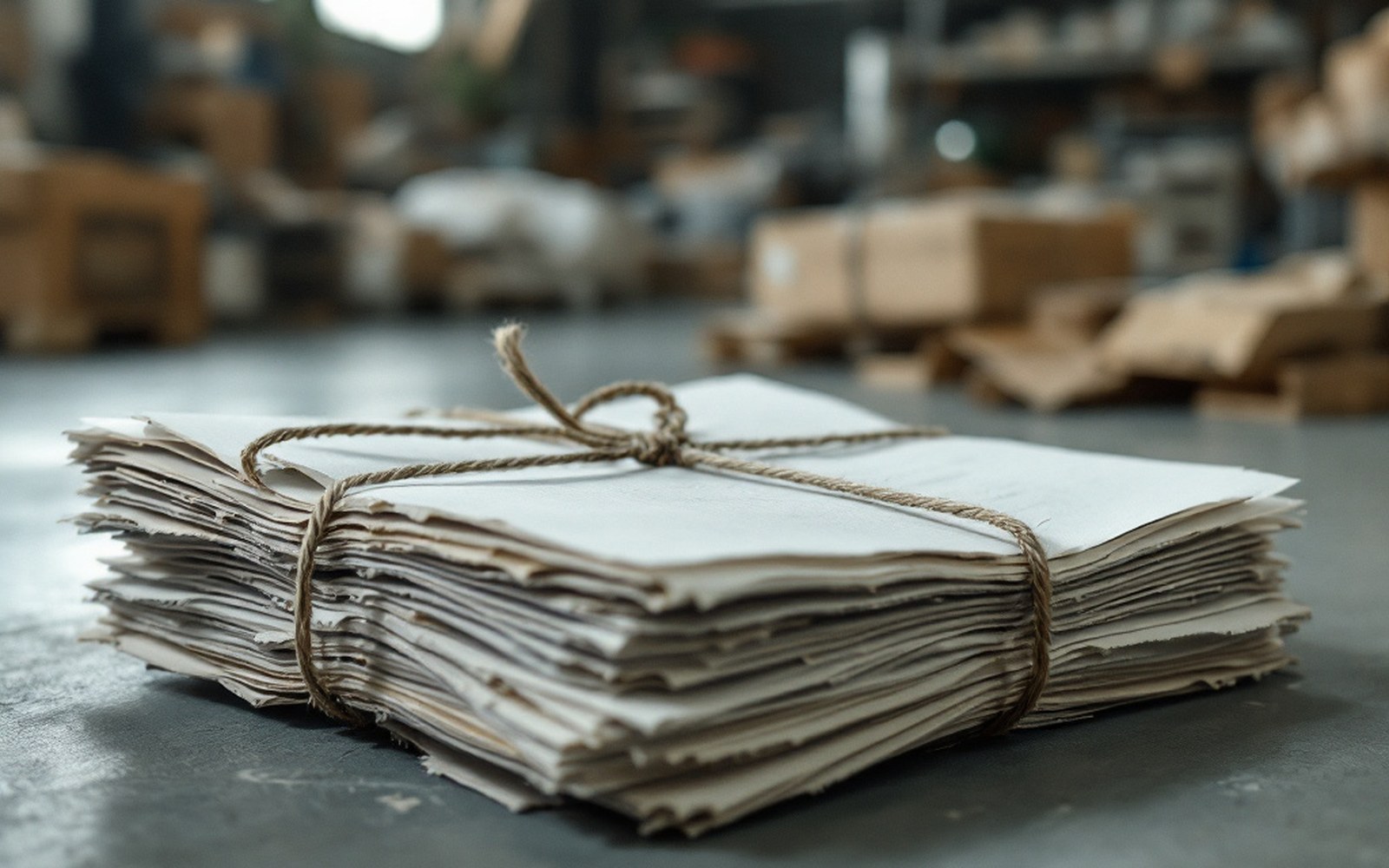 A bundle of torn-off printed covers tied with string on a warehouse floor