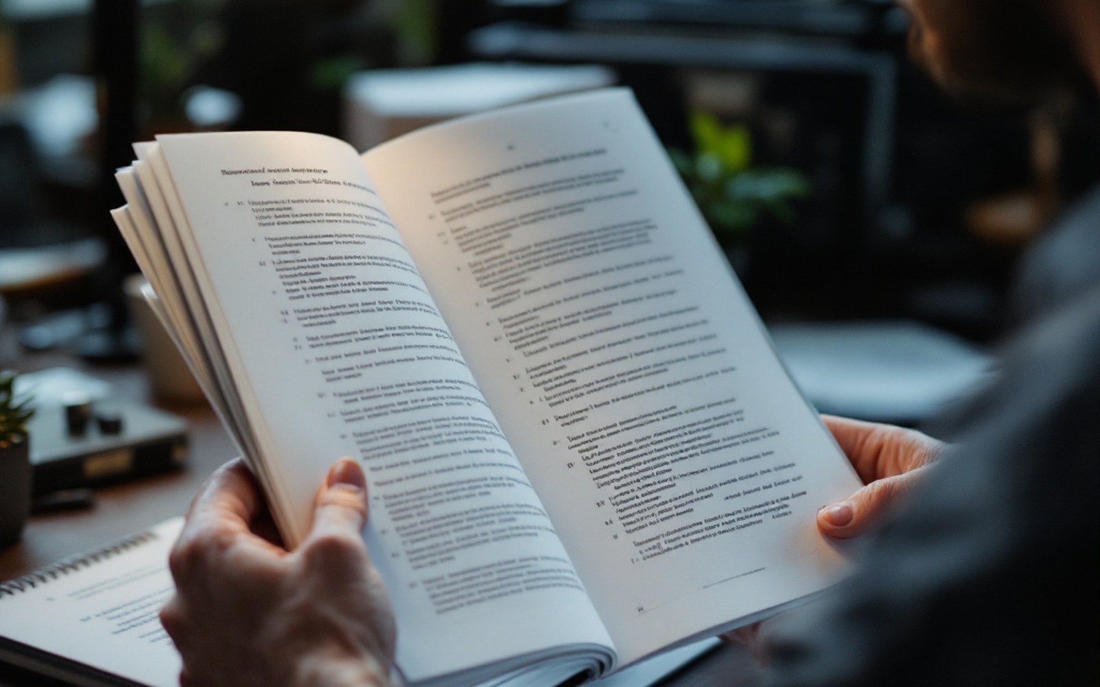 A typed multi-page document held open in both hands, close, desk lamp